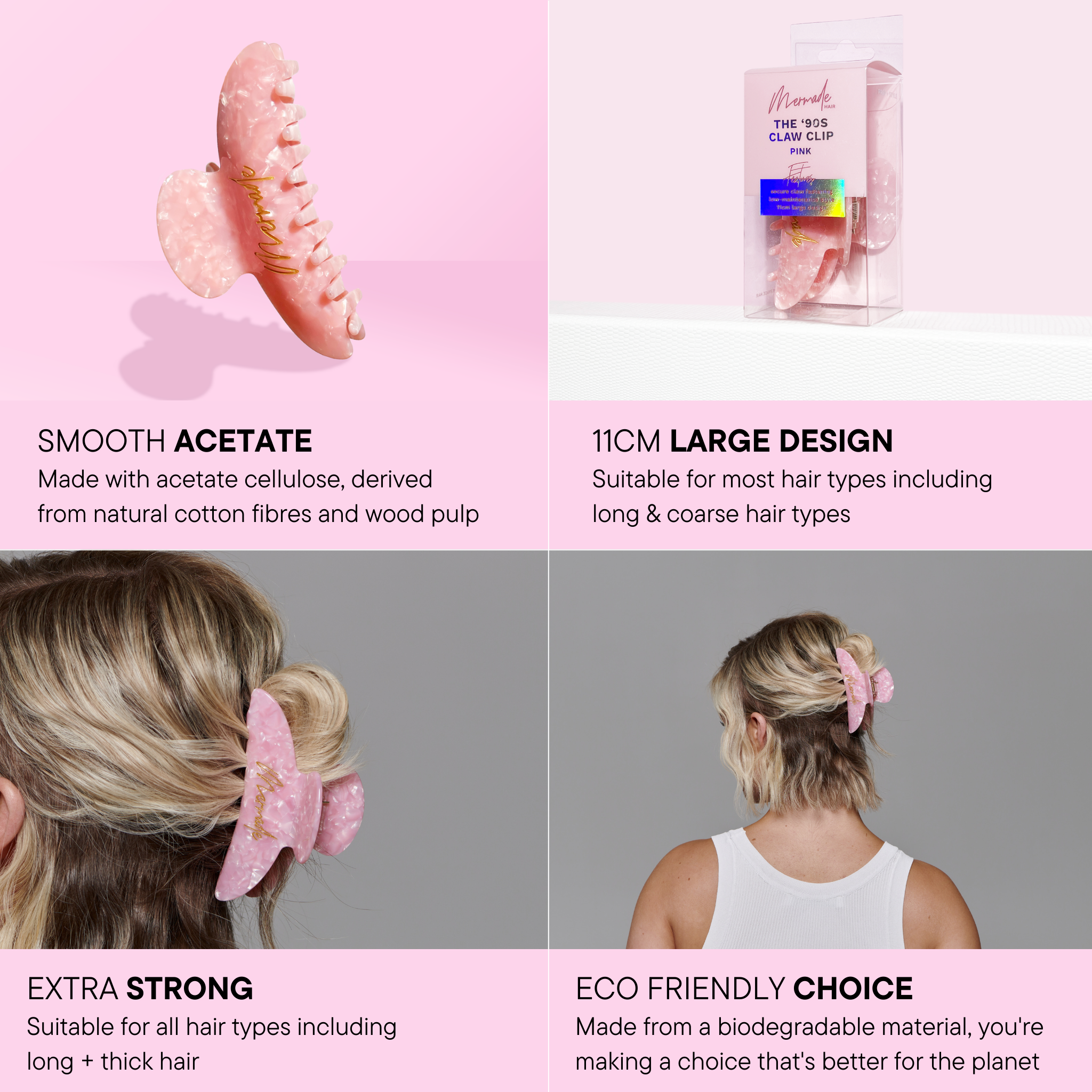 Features and benefits of the Mermade Hair Claw Clip - Pink