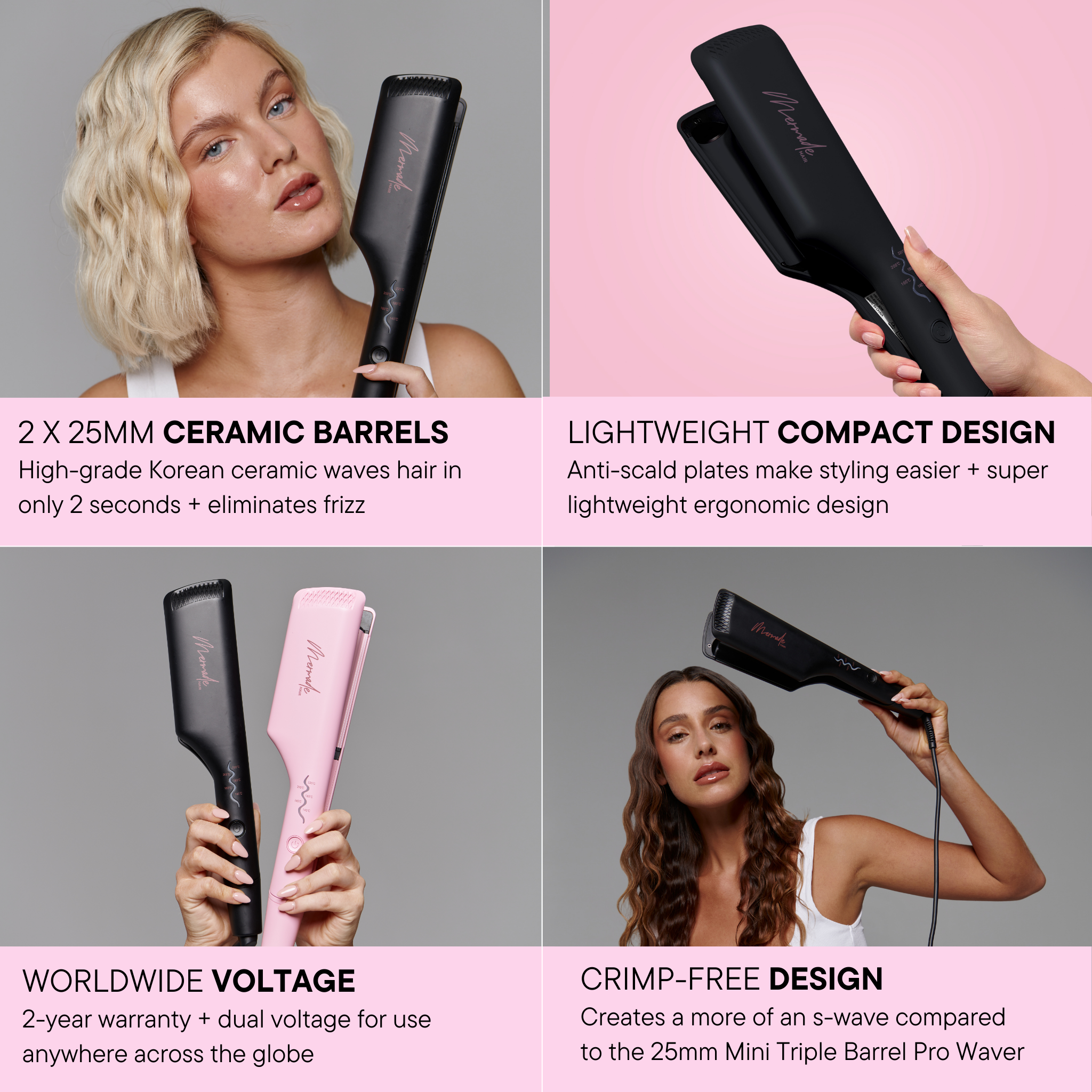 Features and benefits of the Mermade Hair Double Waver - Black