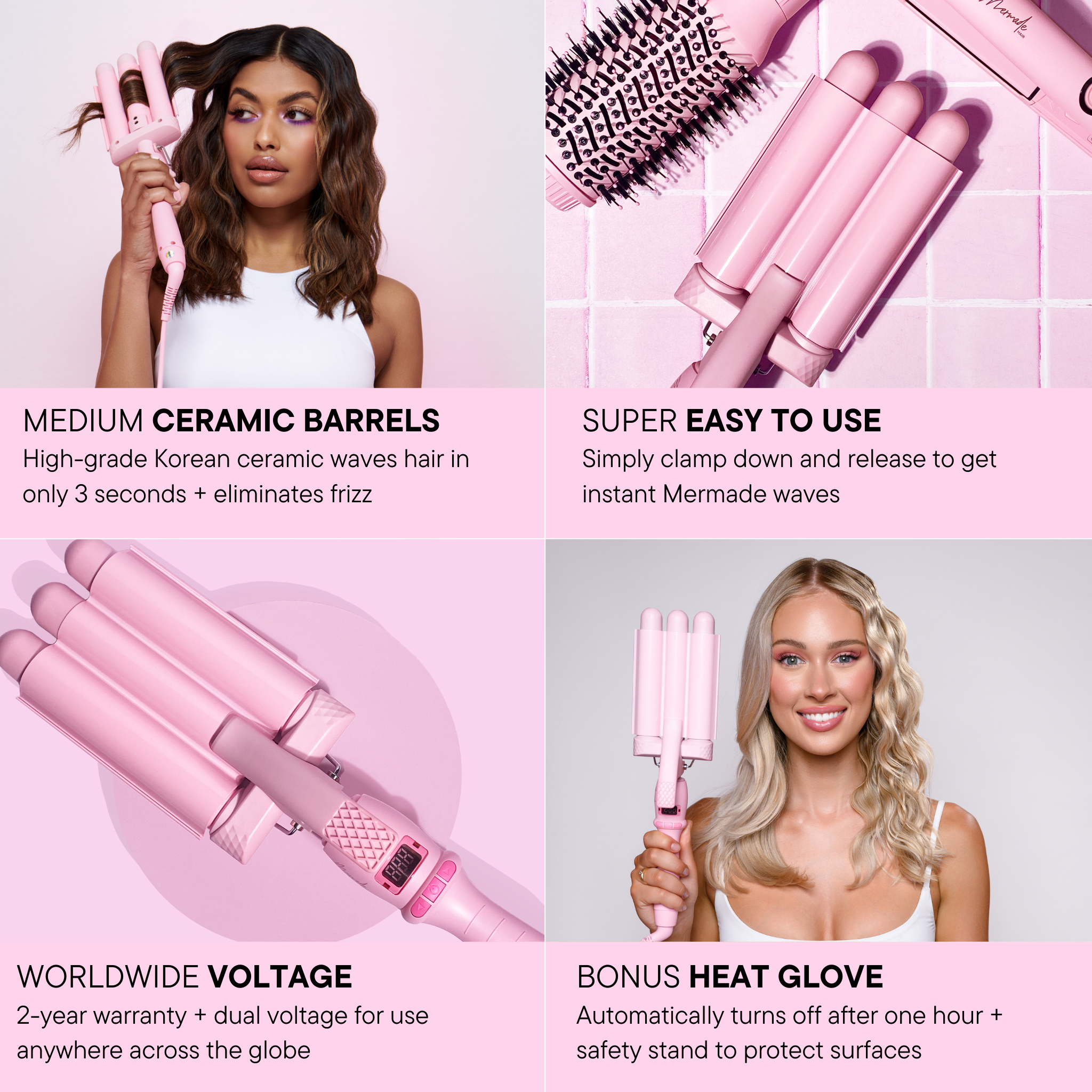 Features and benefits of the Mermade PRO Mini Hair Waver - 25mm Pink