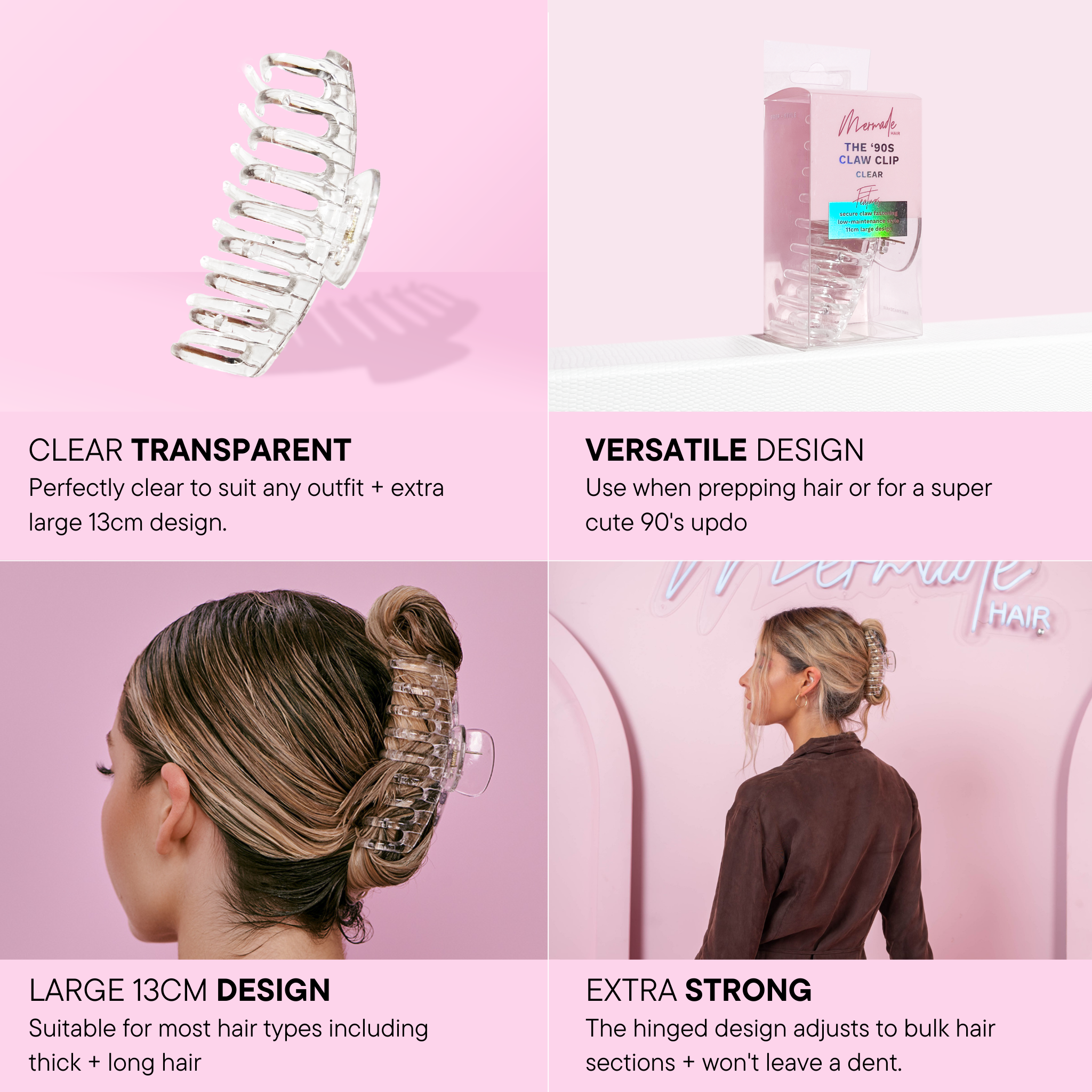 Features and benefits of the Mermade Hair Claw Clip - Clear