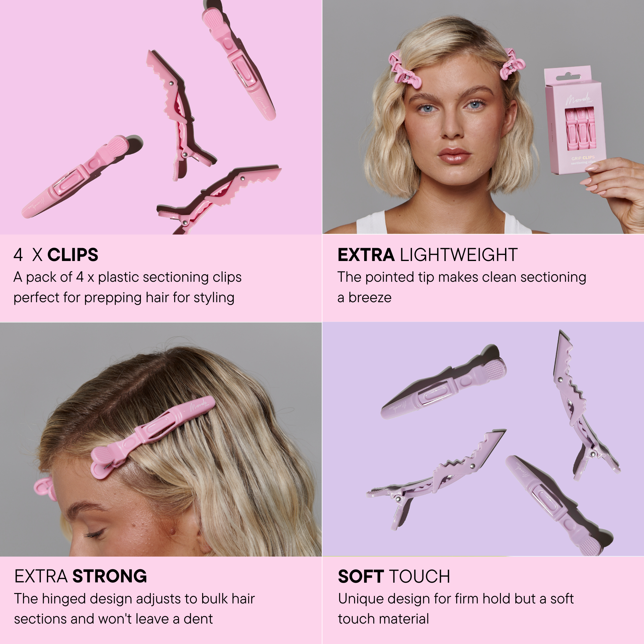 Features and benefits of the Mermade Hair Grip Clips - Signature Pink