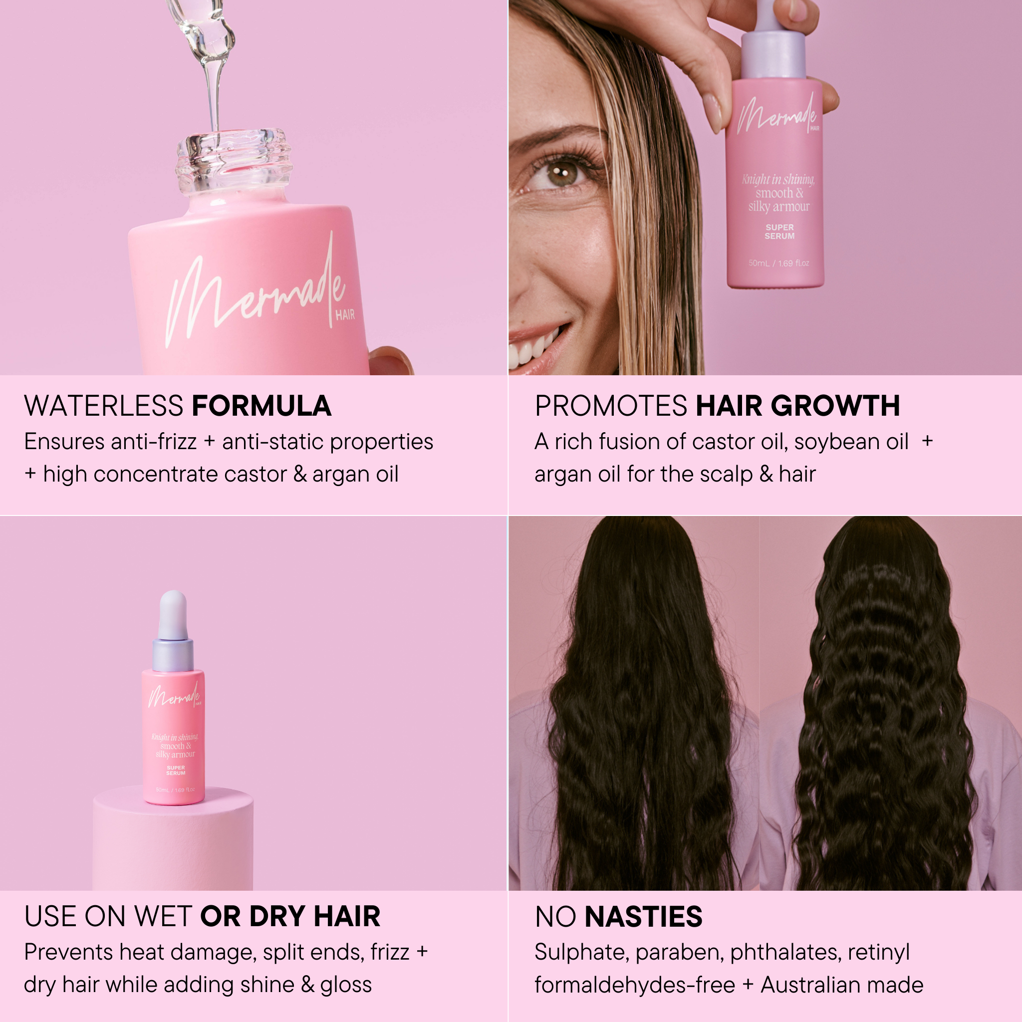 Features and benefits of the Mermade Hair Super Serum 50mL