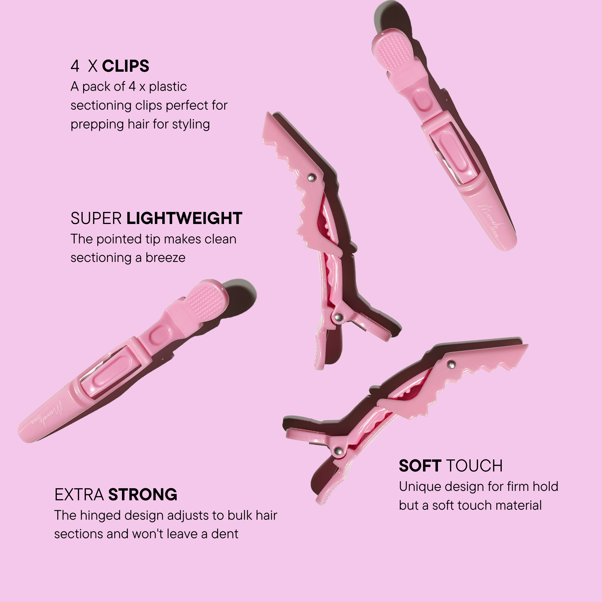 Features and benefits of the Mermade Hair Grip Clips - Signature Pink