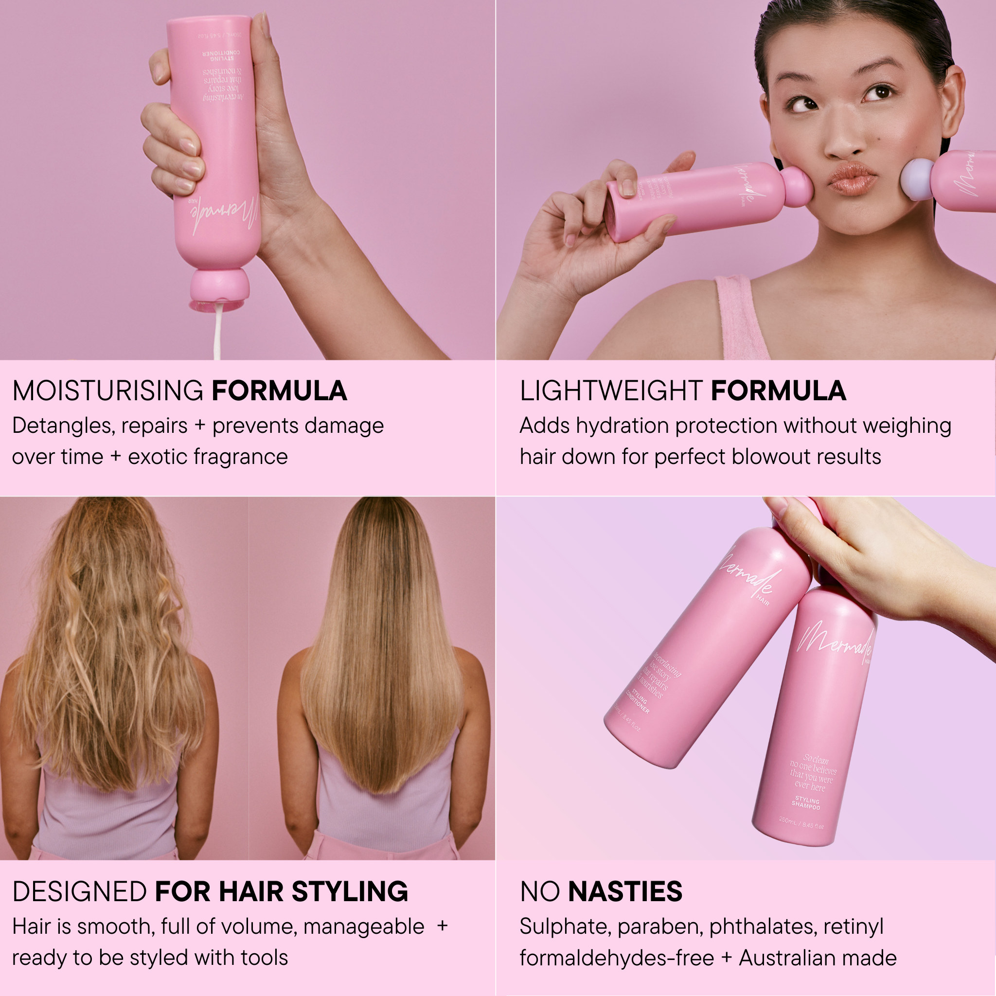 Features and benefits of the Mermade Hair Styling Conditioner 250mL