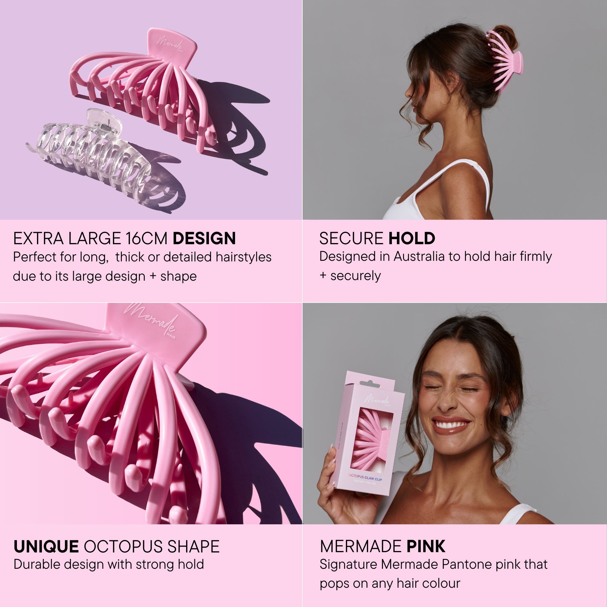 Features and benefits of the Mermade Hair Octopus Clip in pink