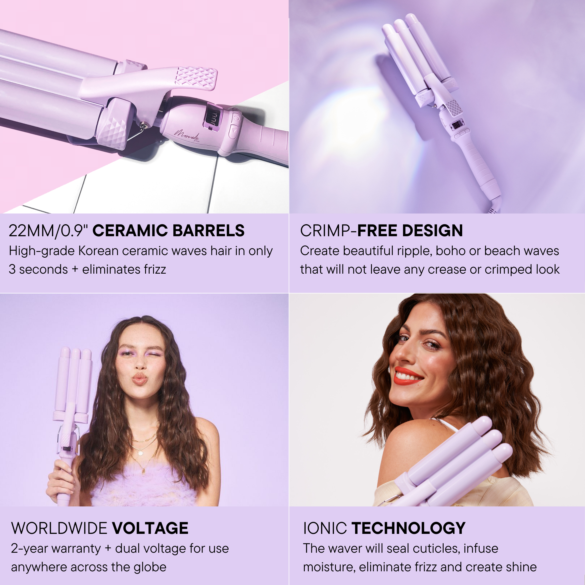 Features and benefits of the Mermade PRO Hair Waver - 22mm Cutie® Lilac