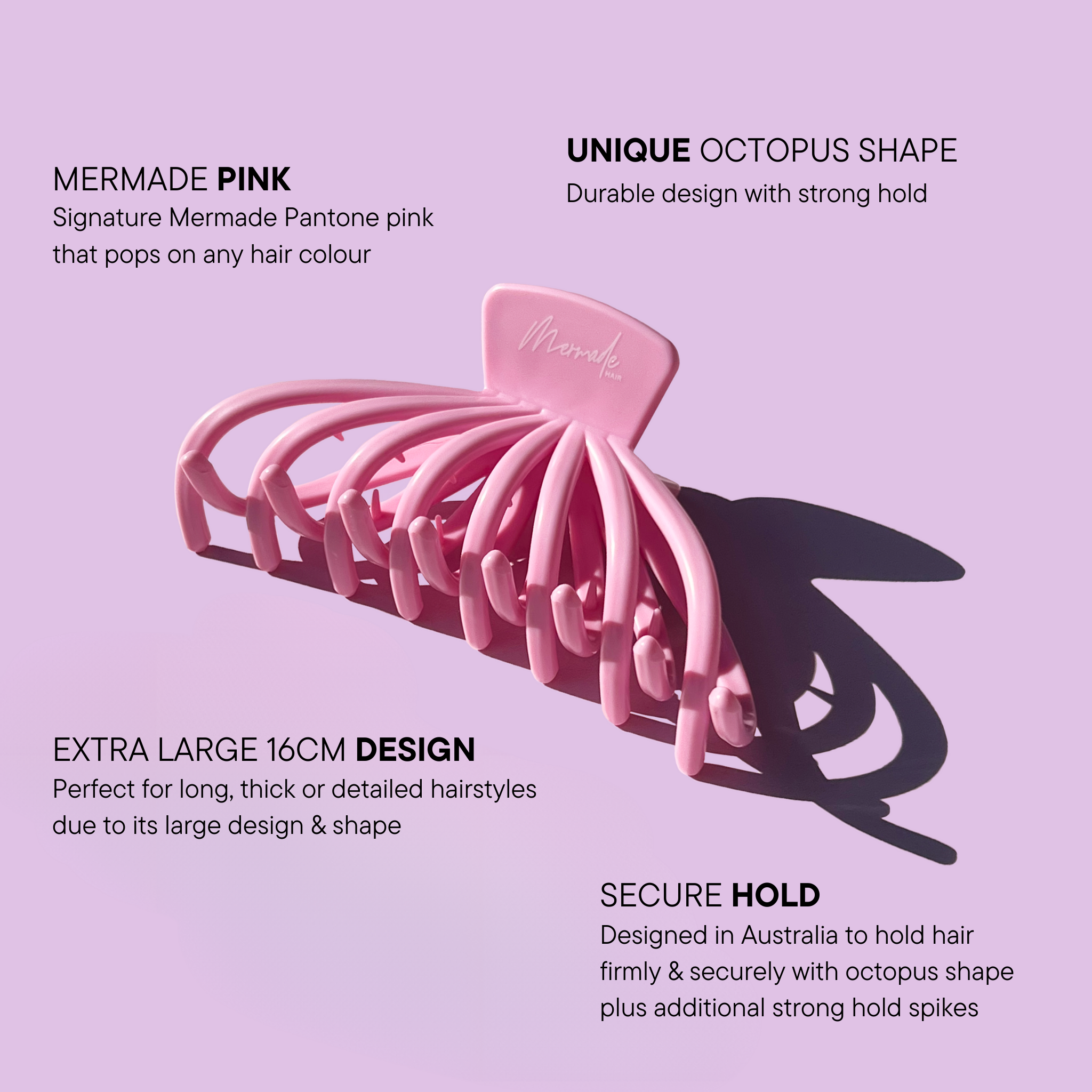 Features and benefits of the Mermade Hair Octopus Clip in pink