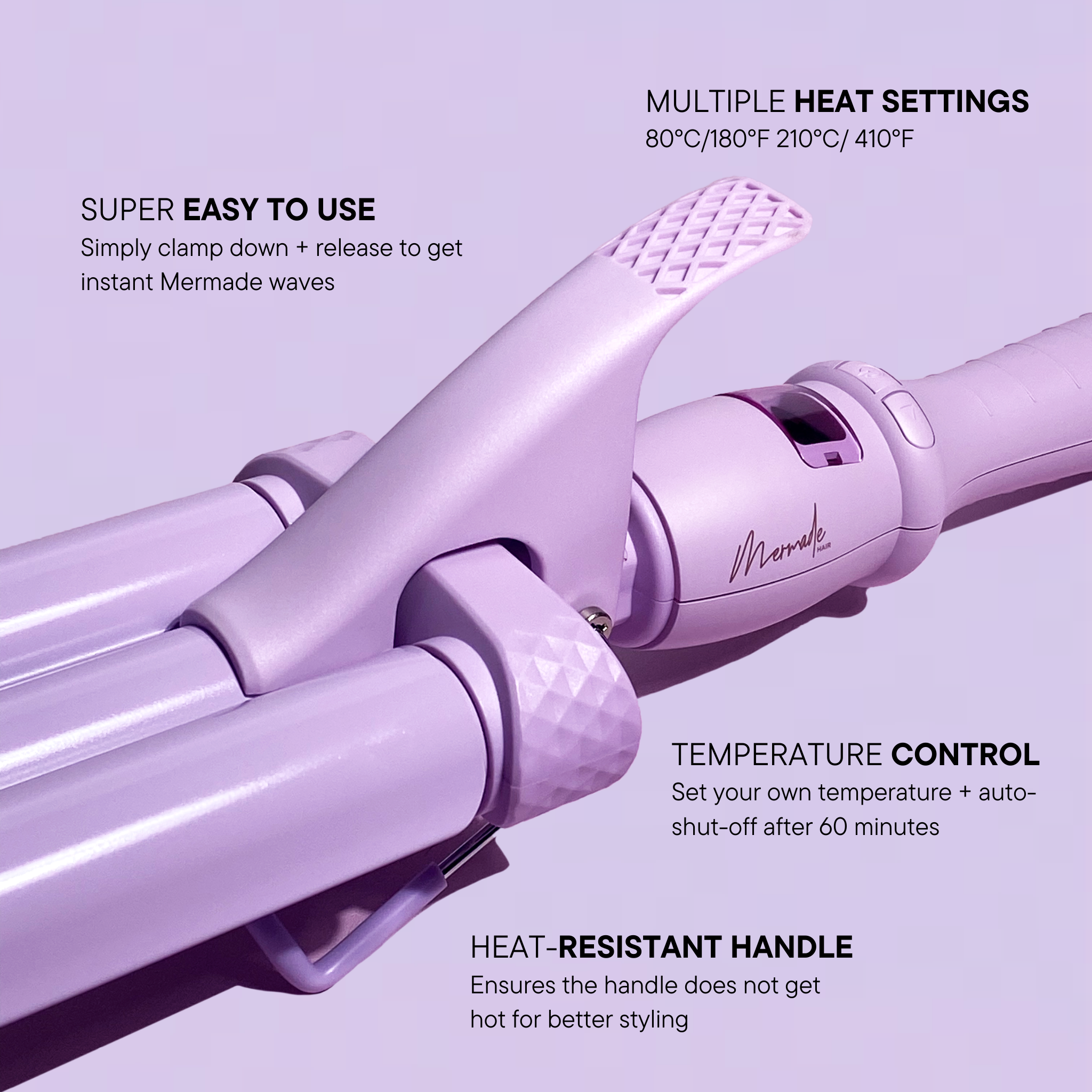 Features and benefits of the Mermade PRO Hair Waver - 22mm Cutie® Lilac