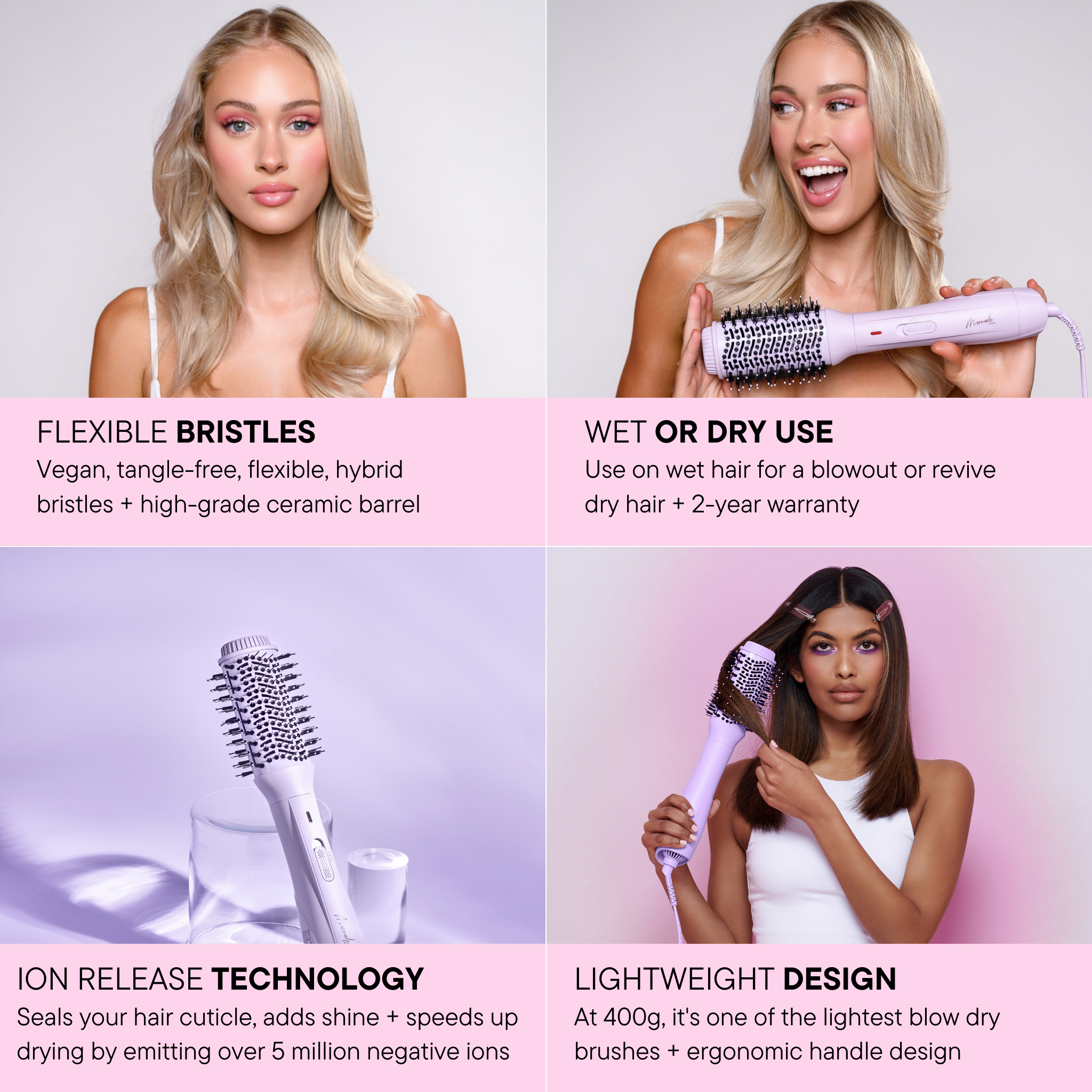 Features and benefits of the Mermade Hair Blow Dry Brush - Baby Lilac 