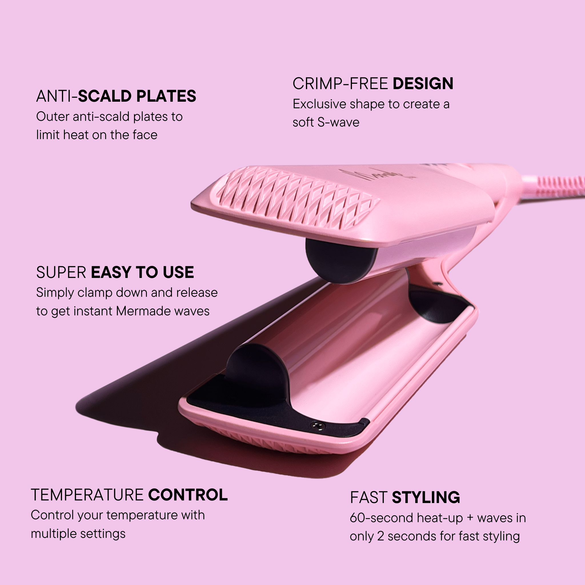 Features and benefits of the Mermade Hair Double Waver - Pink