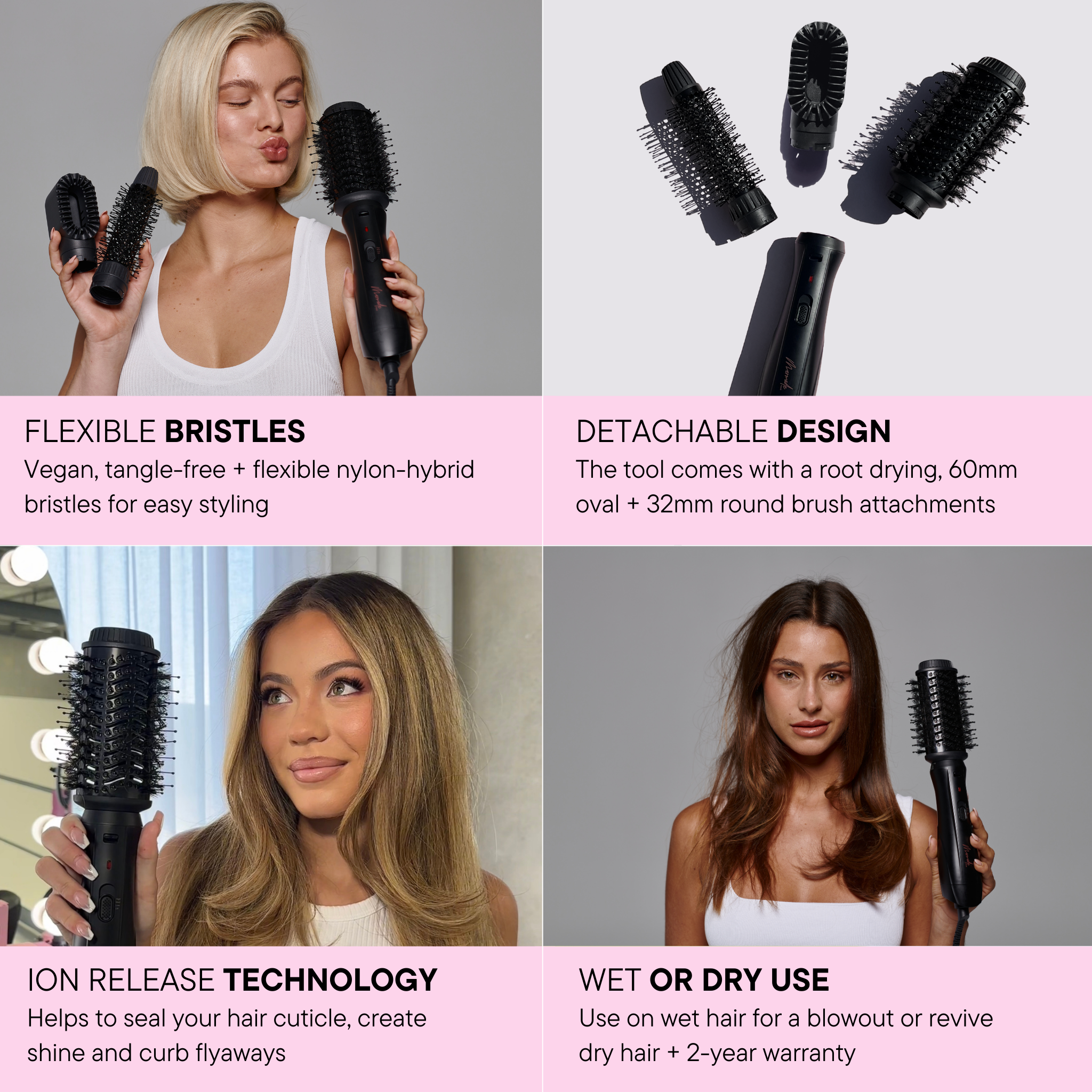 Features and benefits of the Mermade Hair Interchangeable Blow Dry Brush - Sleek Black