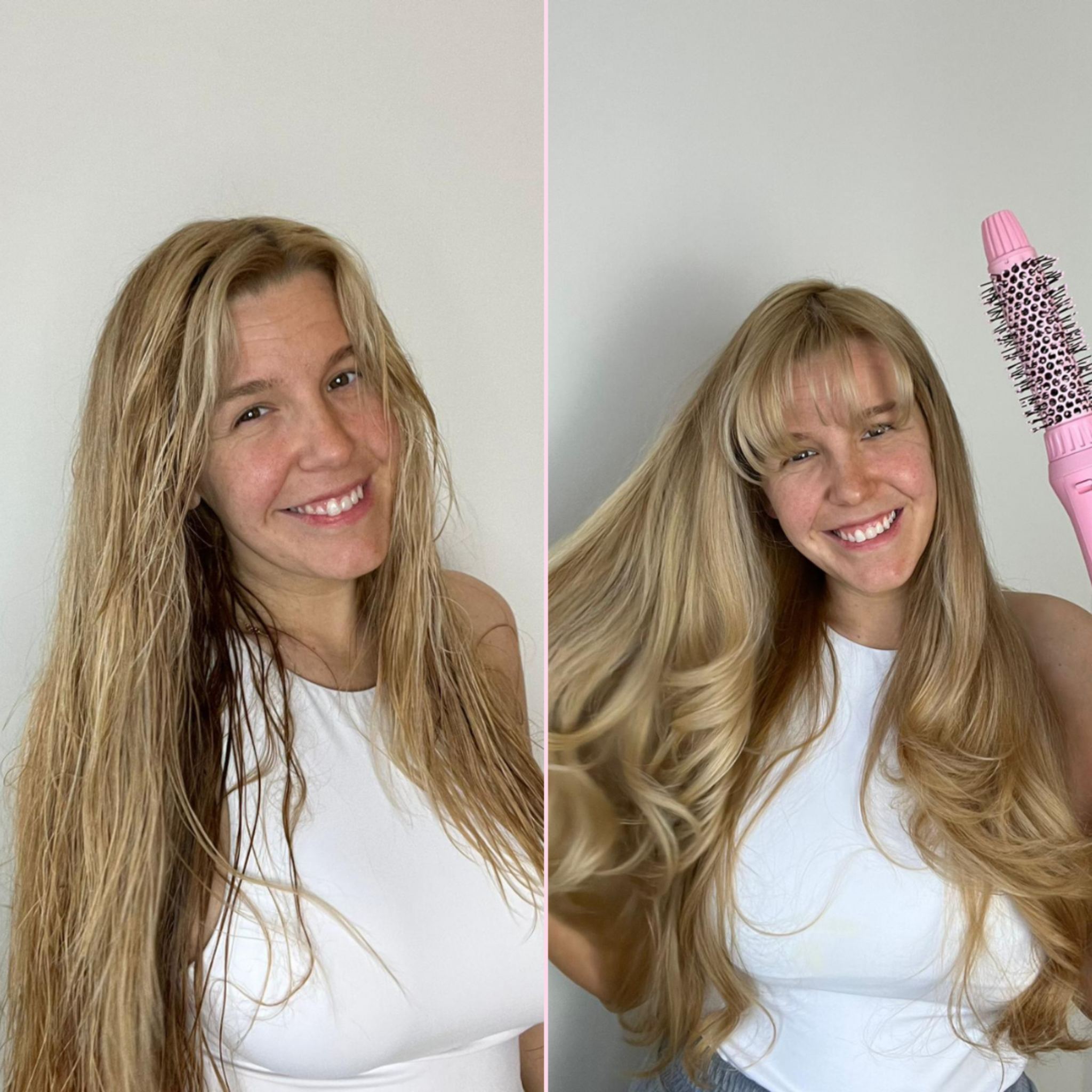 Before and after results of the Mermade Hair Pink Interchangeable Blow Dry Brush