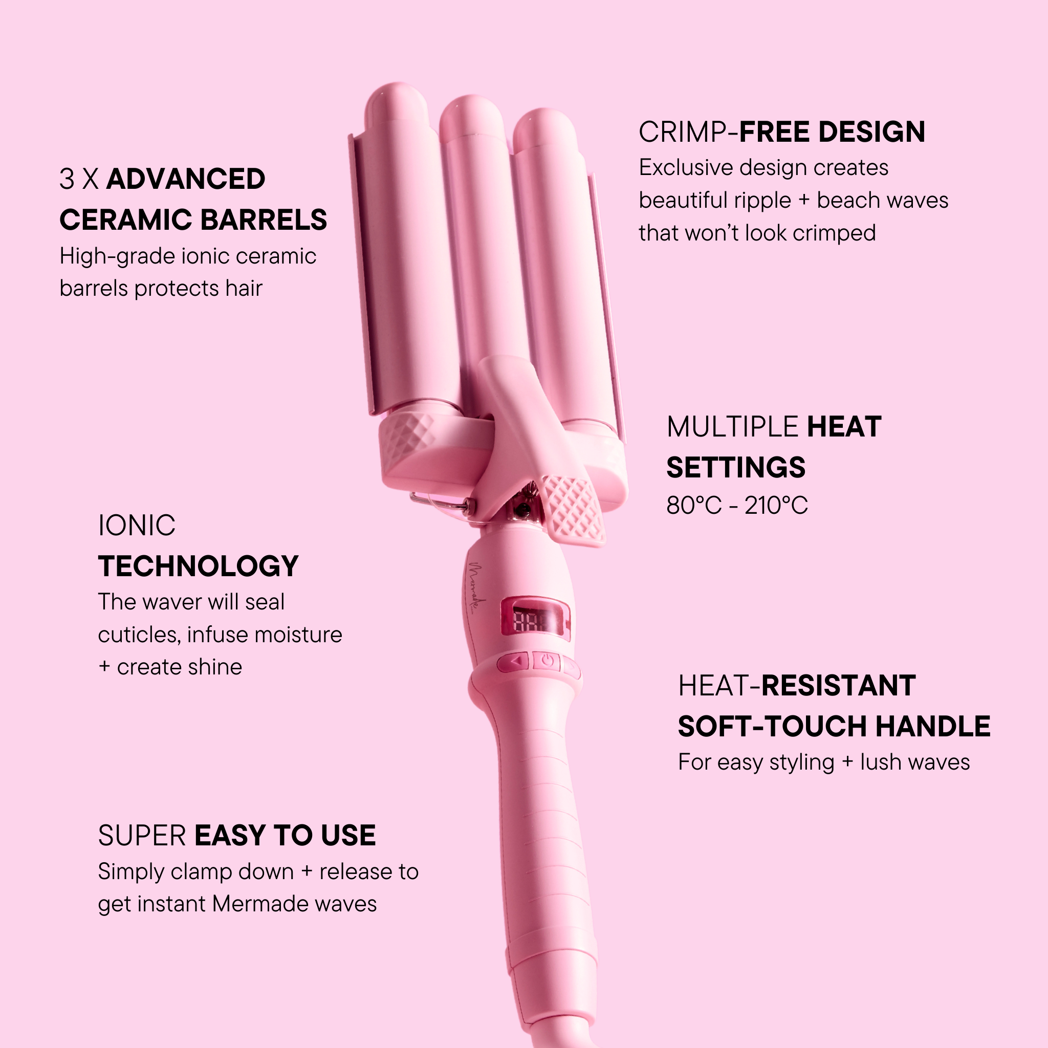 Features and benefits of the Mermade PRO Mini Hair Waver - 25mm Pink