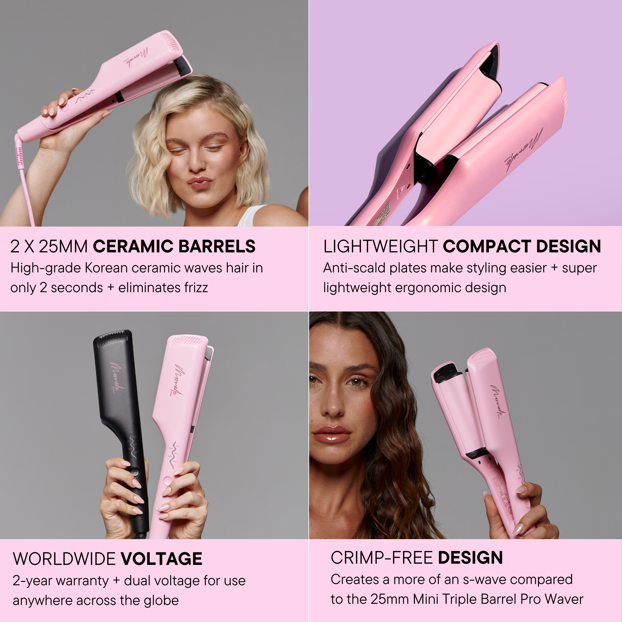 Features and benefits of the Mermade Hair Double Waver - Pink