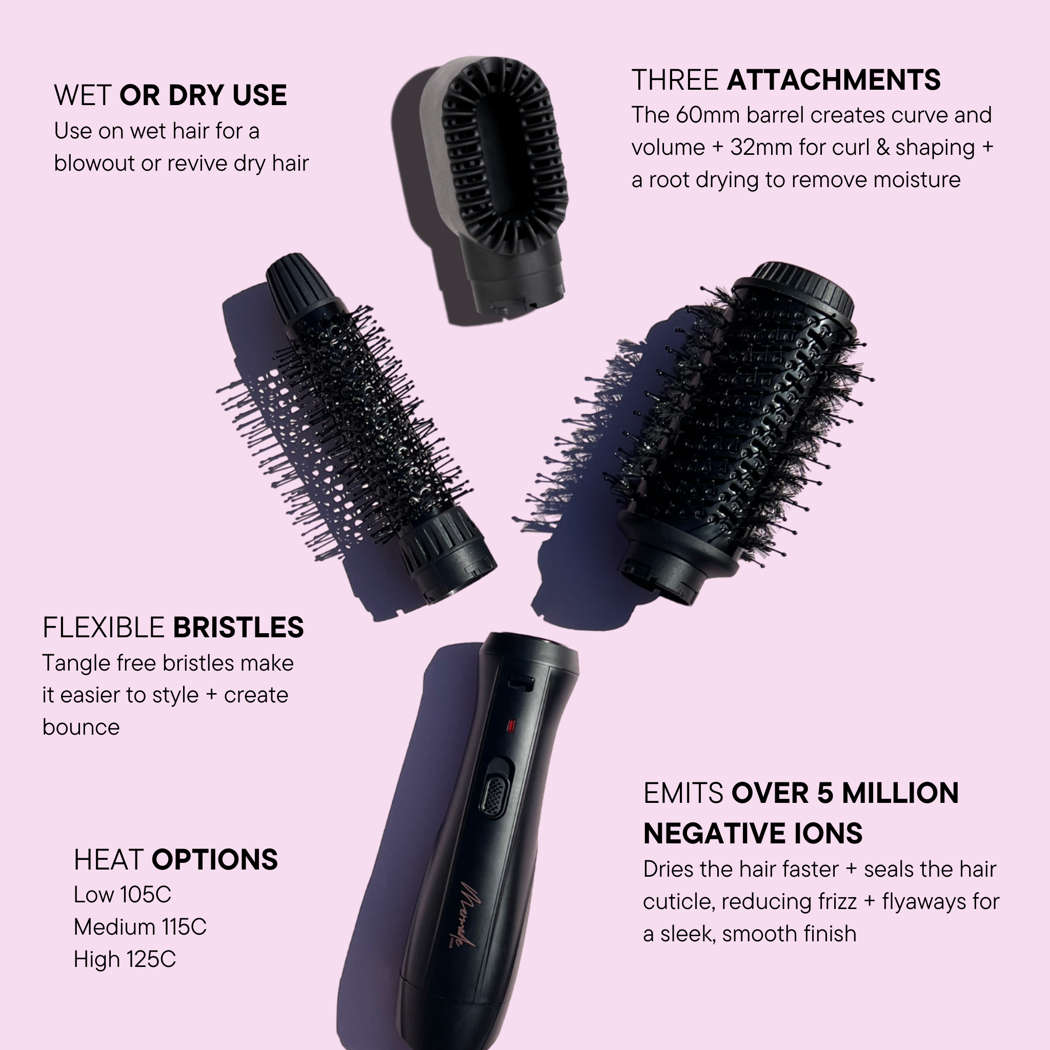 Features and benefits of the Mermade Hair Interchangeable Blow Dry Brush - Sleek Black