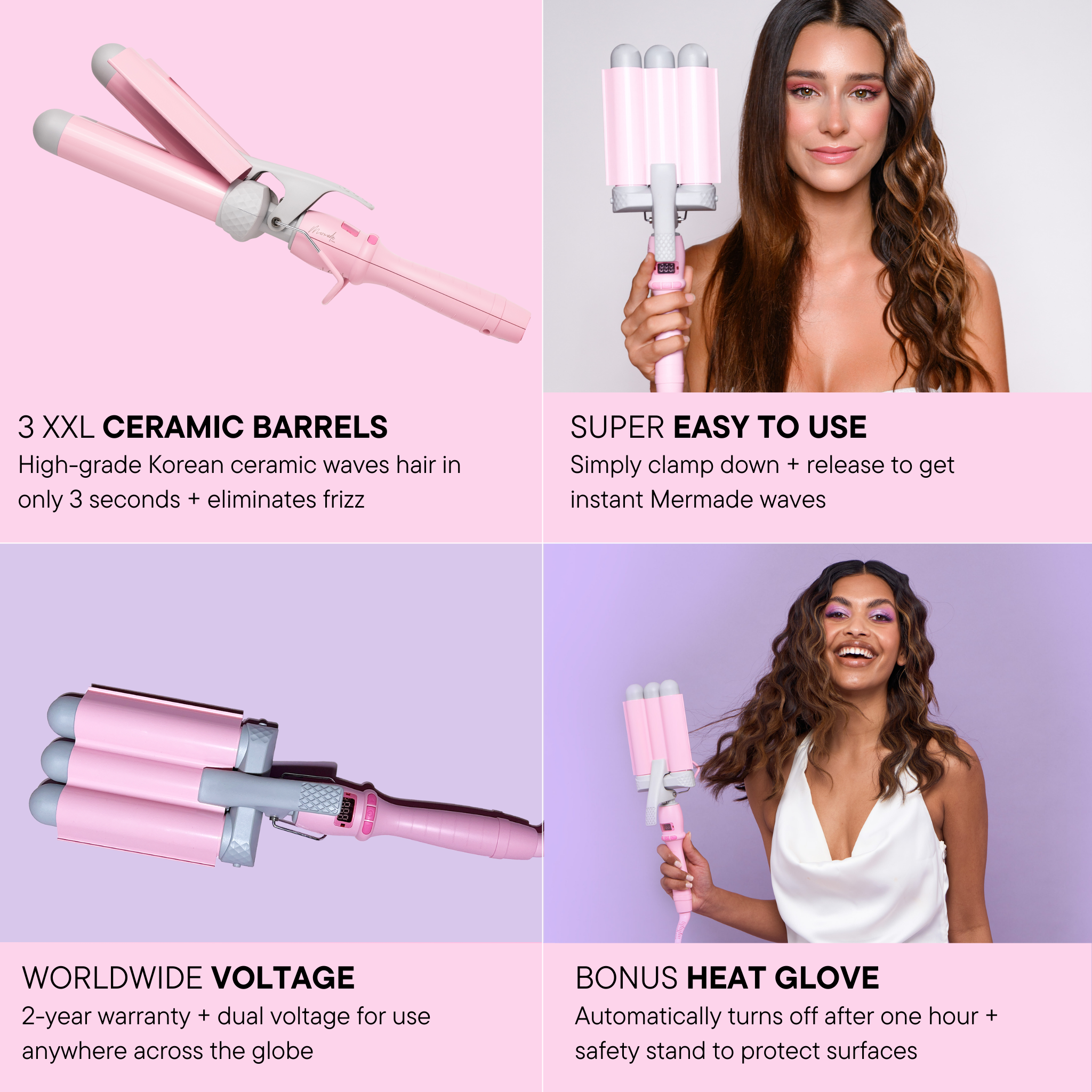 Features and benefits of the Mermade PRO Hair Waver - 32mm Pink