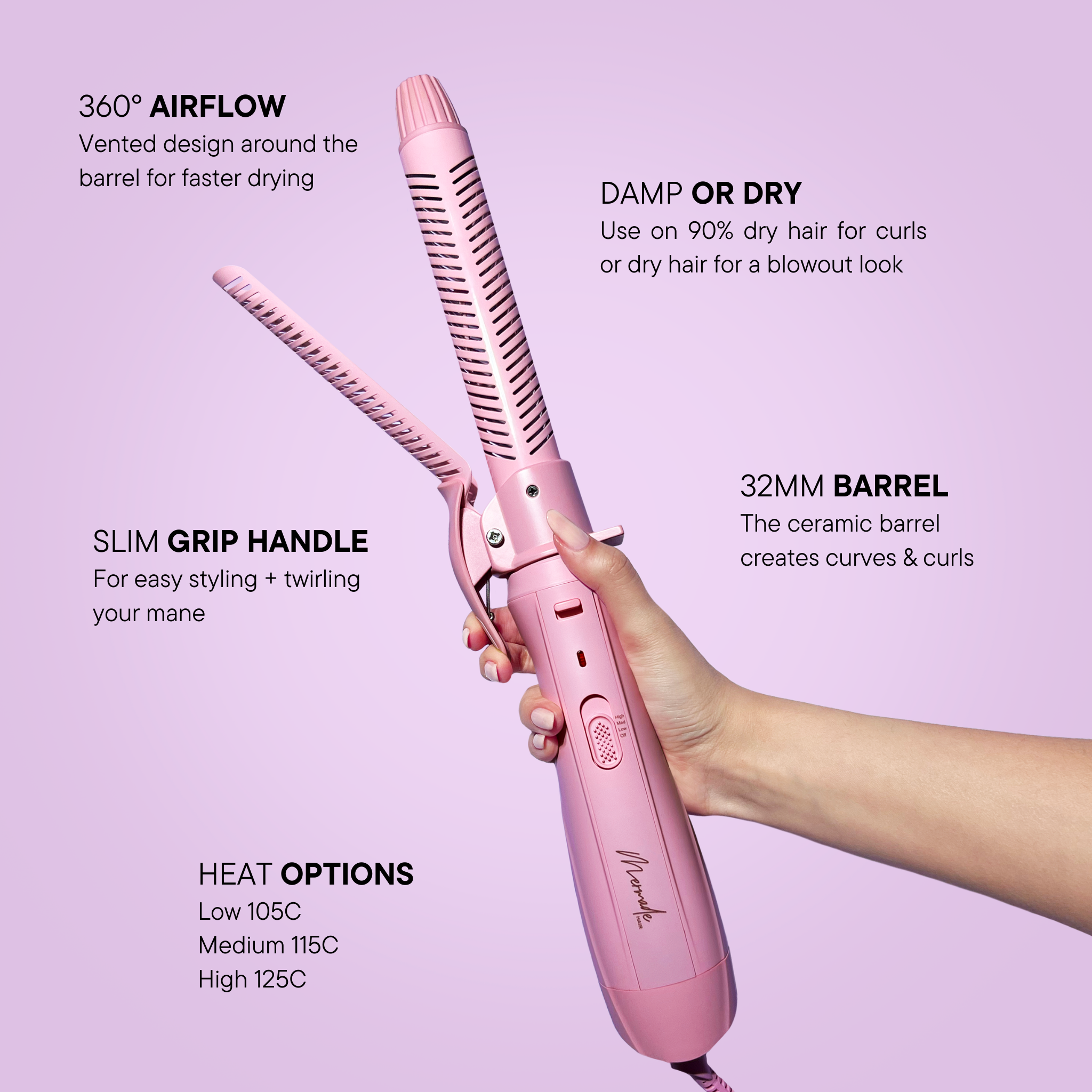 Features and benefits of the Mermade Hair Pink Aircurl 