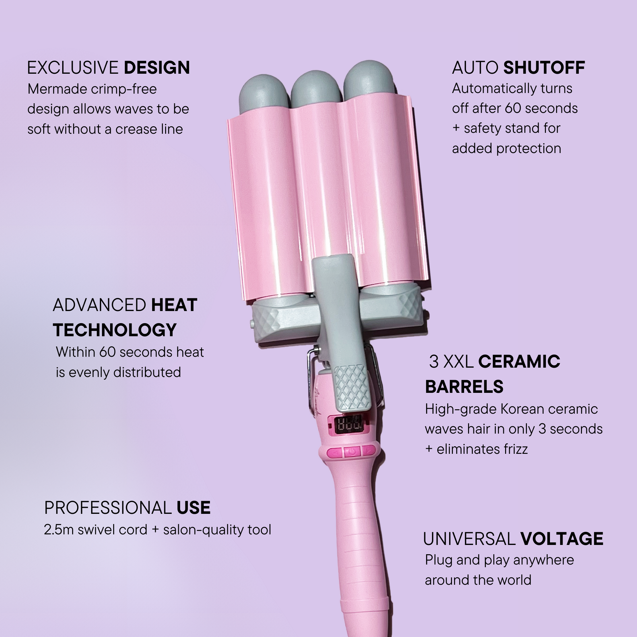 Features and benefits of the Mermade PRO Hair Waver - 32mm Pink