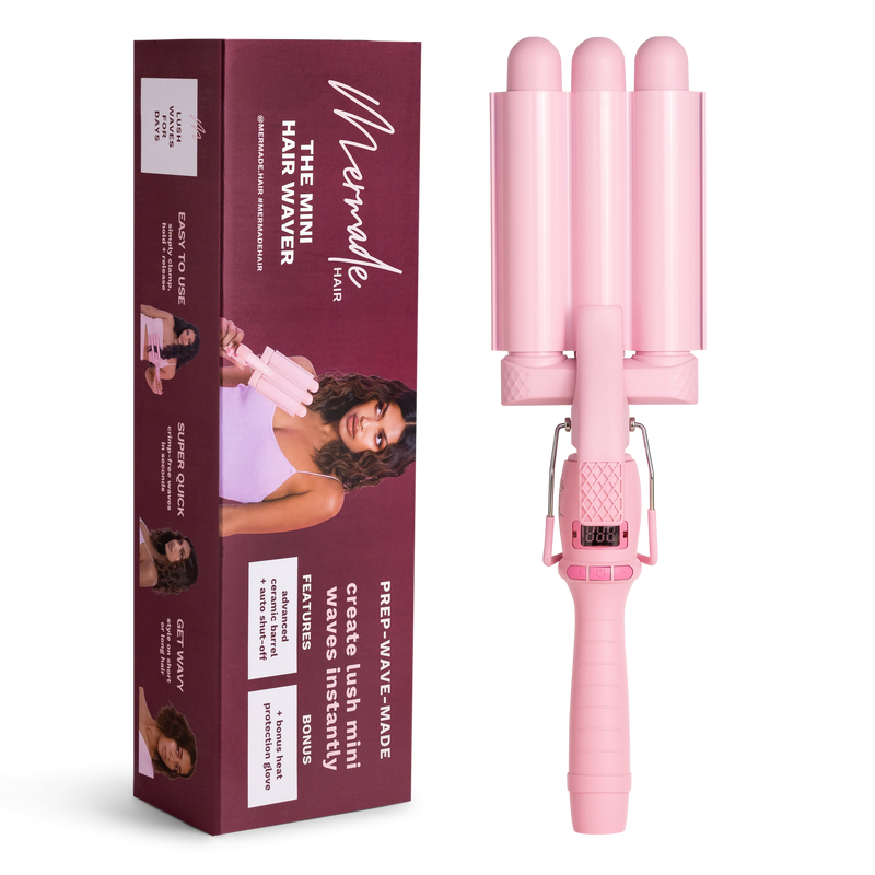 Mermade PRO Mini Hair Waver - 25mm Pink flatlay with box