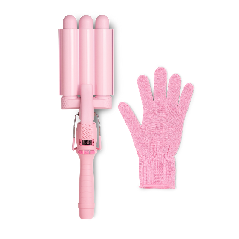 Mermade PRO Mini Hair Waver - 25mm Pink flatlay with glove