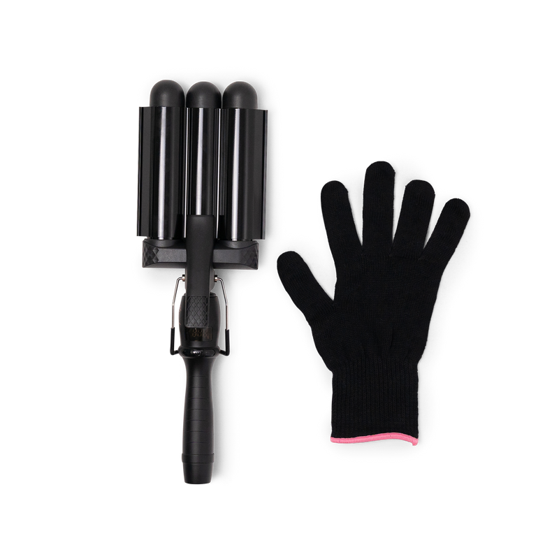 Mermade PRO Hair Waver - 32mm Black flatlay with glove