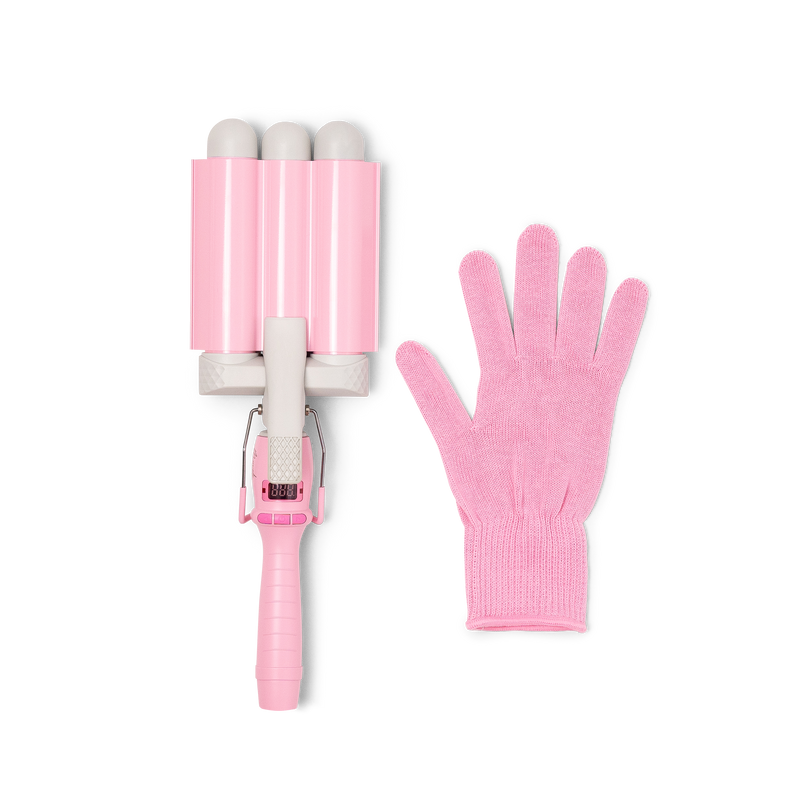 Mermade PRO Hair Waver - 32mm Pink flatlay with glove