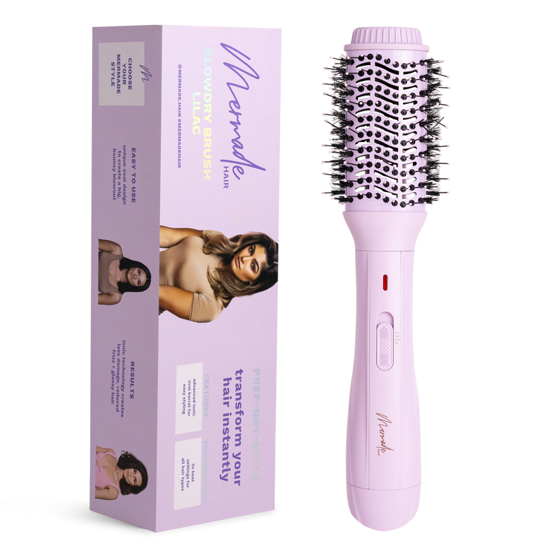 Mermade Hair Blow Dry Brush - Baby Lilac flatlay with box